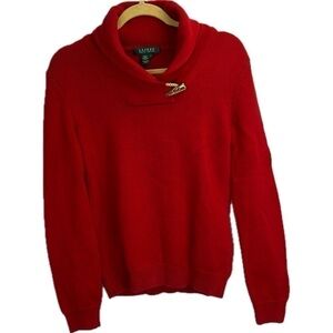 Lauren Ralph Lauren Mock Red Sweater Women’s Shawl Collar Gold Accent Si…
